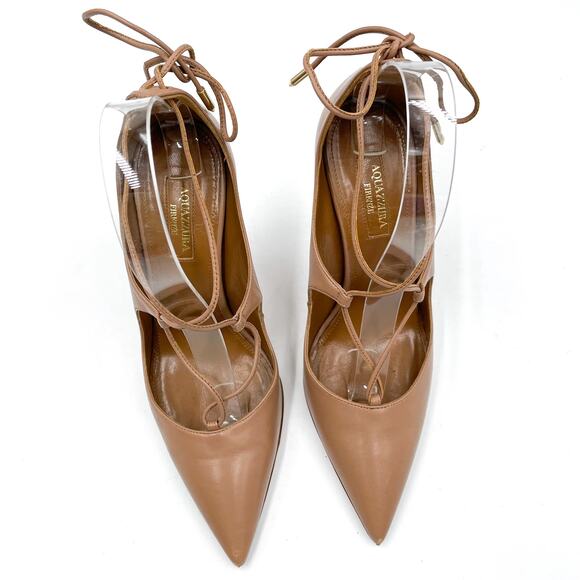 Aquazzura Christy Pumps Tan Leather Heels Curvy Lace Up Pointed Toe Sz 37 / 7 US - Picture 4 of 11